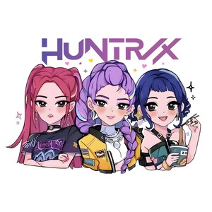 May include: An illustration featuring three anime-style women with pink, purple, and blue hair. They are depicted in different outfits, including a black t-shirt, a yellow jacket, and a teal top. The word "HUNTRAX" is above them in purple.