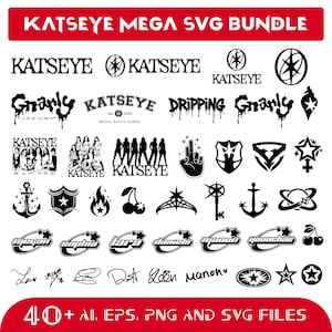 以下が含まれることがあります： ロゴ、テキスト、イラストなど、白黒のSVGグラフィックのコレクションです。「KATSEYE MEGA SVG BUNDLE」の文字が上部にあります。「Gnarly」、「Dripping」、名前などの文字も含まれています。画像には「40+ AI, EPS, PNG AND SVG FILES」の文字も含まれています。