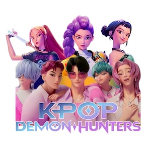 May include: Digital illustration featuring a group of stylized characters with vibrant hair colors and fashionable attire. The text "KPOP DEMON HUNTERS" is displayed in a stylized font with a diamond-shaped emblem.