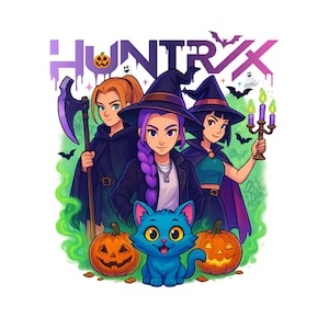 Puede incluir: Ilustración digital de tres jóvenes vestidas de brujas, con un gato azul y dos calabazas talladas. La palabra "HUNTRX" se muestra encima de los personajes, con murciélagos y un fantasma en el fondo.