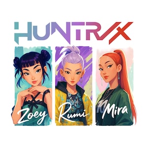 May include: Digital illustration featuring three stylized female characters with unique hairstyles and outfits. The text "HUNTRX" is at the top. Each character is labeled with a name: Zoey, Rumi, and Mira.