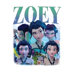 Peut inclure: Illustration numérique avec cinq personnages féminins stylisés aux cheveux foncés et à la peau claire. Le mot "ZOEY" est affiché en grandes lettres vertes et bleues dégradées au-dessus des personnages. Les personnages portent diverses tenues et expressions.