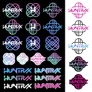 Pode incluir: Uma coleção de logotipos HUNTRAX em vários designs e gradientes de cores, incluindo verde-azulado, rosa e roxo. Os logotipos apresentam formas geométricas e o nome da marca em uma fonte estilizada, em fundos preto e branco.
