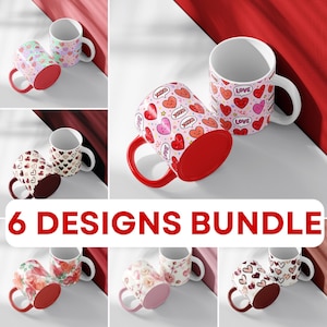 May include: A collection of six coffee mug designs. The mugs feature various patterns, including hearts, floral, and geometric shapes. The mugs have red or pink interiors and handles. The text "6 DESIGNS BUNDLE" is displayed in a white font on a red background.