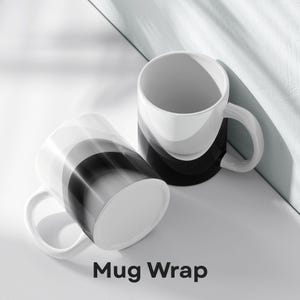 May include: Two white ceramic mugs with black and gray gradient designs. The mugs are on a white surface. The text "Mug Wrap" is printed below the mugs.