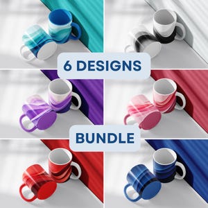 Puede incluir: Un conjunto de seis tazas de cerámica con diseños únicos. Cada taza presenta un interior blanco y un exterior coloreado con patrones de ondas abstractas en tonos de azul, rojo, morado y rosa. Se muestra el texto "6 DESIGNS" y "BUNDLE".