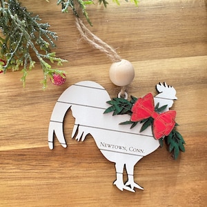 Christmas Rooster Ornament with Town and State Shiplap Decor
