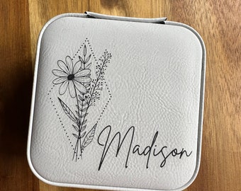 Personalized Floral Travel Jewelry Case // Bridesmaid Gift for Travel Lovers // White Engraved Black