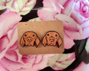 Vizsla Stud Earrings Finished Cherry Engraved Wood with Stainless Steel backs