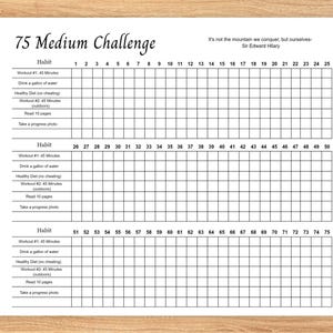 Pode incluir: Um papel branco com uma lista de verificação de 75 Medium Challenge. A lista de verificação inclui hábitos diários como exercícios, beber água e ler. O texto "Não é a montanha que conquistamos, mas nós mesmos" também está presente.