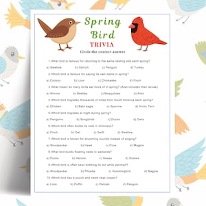 Spring Bird Trivia Family Game Printable, Spring Garden Birthday Party Trivia Game for Adults, Kids, Teens, Seniors, Fun Spring Activities
