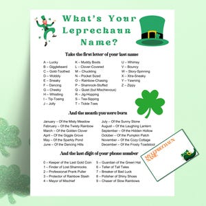 What's Your Leprechaun Name? Generator Printable, Funny Family St. Patrick's Day Game, Adults Kids Teens Seniors St Patrick's Day Activities