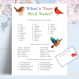 What's Your Bird Name? Spring Garden Party Game with Nametags + Sign Spring Birthday Game for Family and Friends Spring Party Activity Ideas