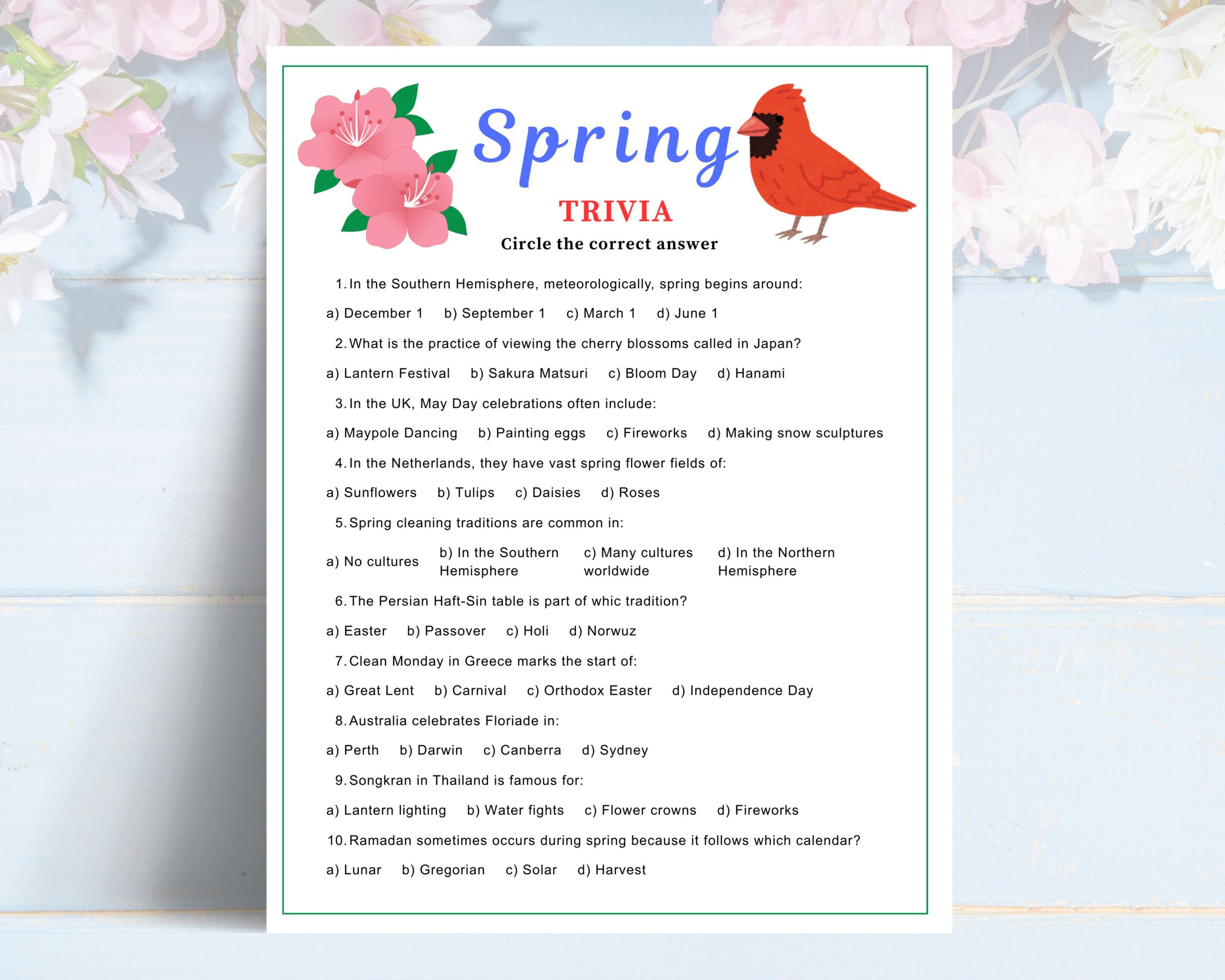 Fun Spring Quiz Spring Trivia Game for Adults Printable, Icebreaker Game, Spring Game ...
