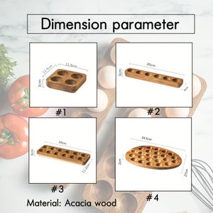 K&ouml;nnte beinhalten: Vier verschiedene Gr&ouml;&szlig;en von Eierbeh&auml;ltern aus Holz. Die Beh&auml;lter sind aus Akazienholz gefertigt und haben verschiedene Anzahlen an Eierf&auml;chern. Die Beh&auml;lter sind mit #1, #2, #3 und #4 gekennzeichnet. Die Abmessungen jedes Beh&auml;lters sind in Zentimetern angegeben.