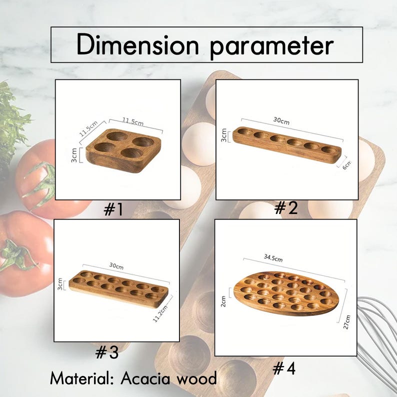 K&ouml;nnte beinhalten: Vier verschiedene Gr&ouml;&szlig;en von Eierbeh&auml;ltern aus Holz. Die Beh&auml;lter sind aus Akazienholz gefertigt und haben verschiedene Anzahlen an Eierf&auml;chern. Die Beh&auml;lter sind mit #1, #2, #3 und #4 gekennzeichnet. Die Abmessungen jedes Beh&auml;lters sind in Zentimetern angegeben.