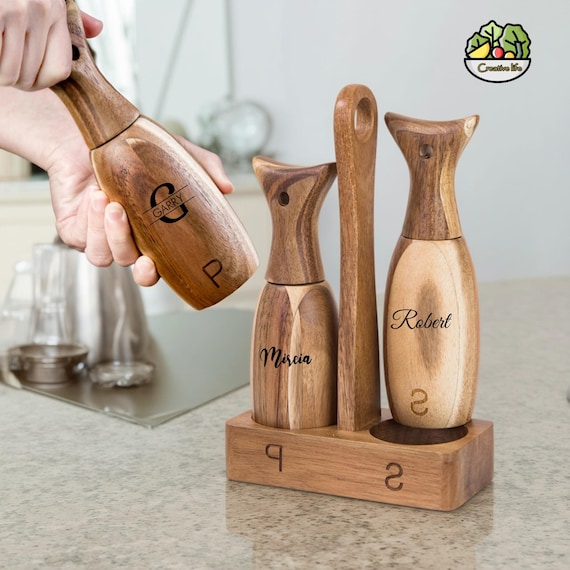 Personalized Wooden Fish Tail Salt and Pepper Grinder Set with Stand Manual Pepper Mill Sea Salt Grinder Home Kitchen Gift