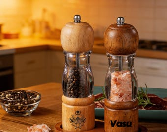 Personalized Wooden Salt & Pepper Grinder Set – Clear Base Spice Mills, Manual Pepper Mill, Kitchen Seasoning Set, Custom Camping Gift