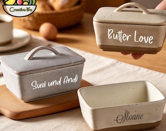 Gepersonaliseerde keramische botervloot, boterdoos met deksel en gravure, handgemaakte boterbewaarder van aardewerk, rustiek keukencadeau