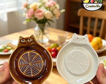 Personalized Cat Ceramic Garlic Grinder Plate Custom Engraved Ginger Crusher Handmade Kitchen Tool Cat Lover Gift