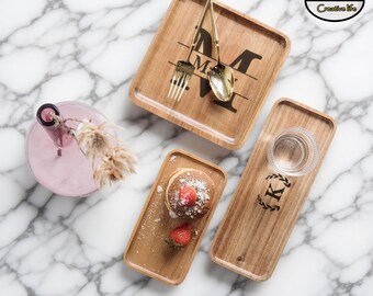 Personalized Acacia Wood Tray Household Rectangular Bread Dessert Fruit Tray Cake Tray Custom Letter Engraving Pattern Tray Kitchen Supplies