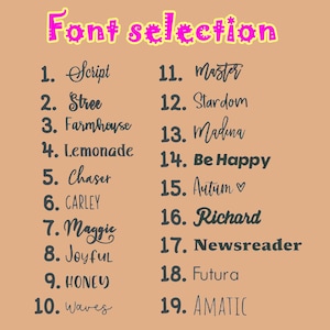 K&ouml;nnte beinhalten: Eine Liste von 19 verschiedenen Schriftstilen, nummeriert von 1 bis 19, wobei der Schriftname im Stil der Schrift geschrieben ist. Die Schriftnamen umfassen Script, Stree, Farmhouse, Lemonade, Chaser, CARLEY, Maggie, Joyful, HONEY, Waves, Master, Stardom, Madina, Be Happy, Autum, Richard, Newsreader, Futura und AMATIC.