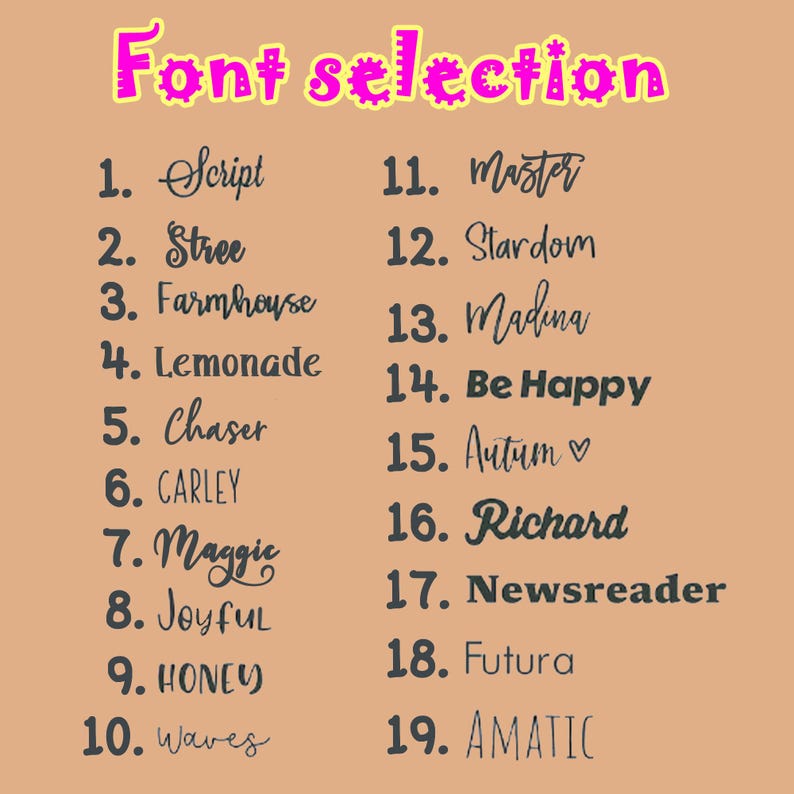 K&ouml;nnte beinhalten: Eine Liste von 19 verschiedenen Schriftstilen, nummeriert von 1 bis 19, wobei der Schriftname im Stil der Schrift geschrieben ist. Die Schriftnamen umfassen Script, Stree, Farmhouse, Lemonade, Chaser, CARLEY, Maggie, Joyful, HONEY, Waves, Master, Stardom, Madina, Be Happy, Autum, Richard, Newsreader, Futura und AMATIC.