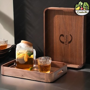 Personalized Rectangular Walnut Wood Trays ,Solid Wood Tray, Custom Engraved Monogram Tray, Wood Serving Tray,Housewarming Gifts,Wooden Tray