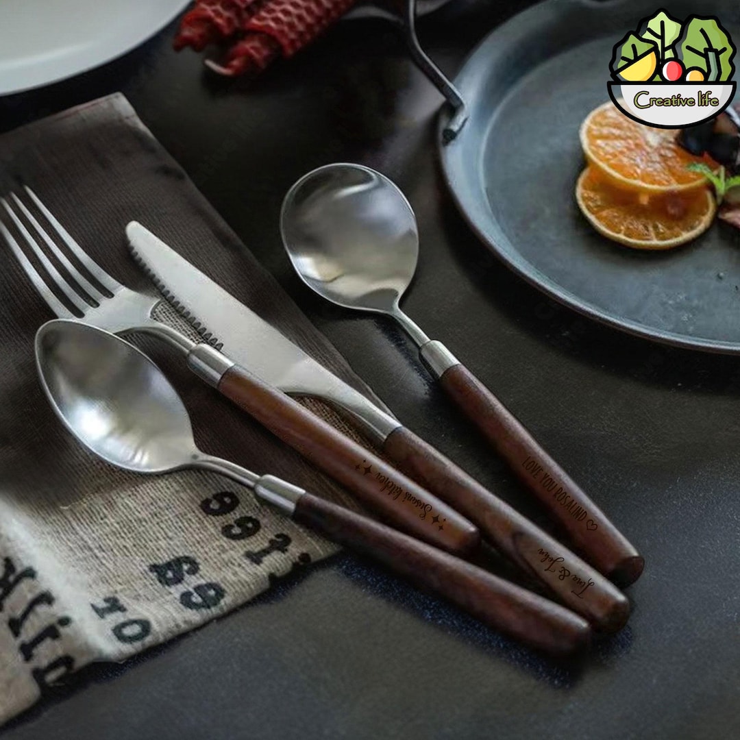 Personalized Walnut Wood Salad Fork and Spoon Set,custom Walnut Wood ...