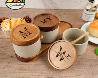 Personalized Ceramic Salt Cellar With Lid,Engraved Initial Salt Boxs,Custom Kitchen Salt Storage Container,Bamboo Salt Lid,Salt Holder,Gifts