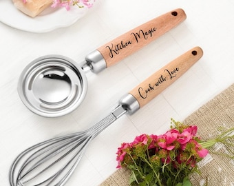 Personalized Stainless Steel Egg Whisk Set Custom Wooden Handle Egg Beater Yolk White Separator Spoon Kitchen Cooking Chef Gift