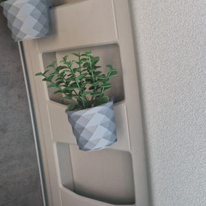 Può includere: Un'unità di stoccaggio beige integrata con tre scomparti, ciascuno contenente un piccolo vaso grigio a motivi geometrici con una pianta verde. L'unità è montata su una parete, con una superficie strutturata a destra e una superficie grigia a sinistra.