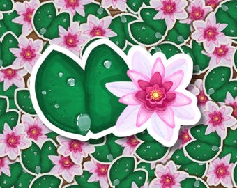 May include: A set of stickers featuring pink and white water lilies with green lily pads. The lily pads have water droplets on them.