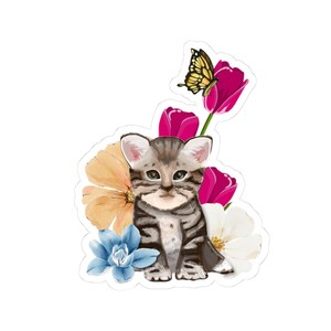 Cute Kitten in Floral Butterfly Design, Cat Lover Decal, Planner Sticker, Laptop Sticker, Scrapbooking Decor, Gift for Her