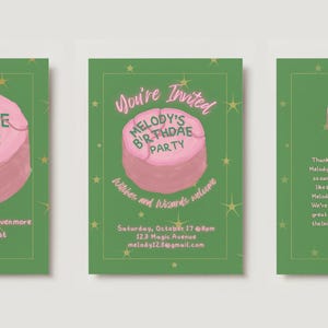 May include: Three green cards with a pink cake illustration and gold stars. The first card says "HAPPEE BIRTHDAE MELODY" and "May this year bring you even more magic than the last". The second card says "You're Invited MELODY'S BIRTHDAE PARTY" and "Bubbles and Wizards welcome" with the date and time of the party. The third card says "THANK YOU" and "Thank you so much for attending Melody's birthday party! It was a sweet of you to come! I'm so thank you for your gift! Melody loves her fairy dust! We're glad that Gatsby had a great time and we will be sending the link to the Photoshoot soon!"