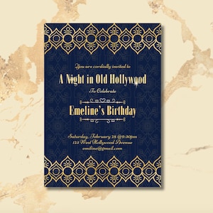 Paquete de fiesta glamorosa Old Hollwood (invitación, tarjeta de agradecimiento y pancarta)