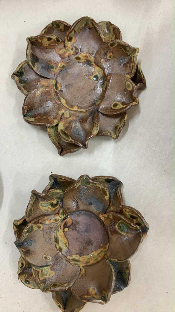 Ceramic Flower Tea Light Holders or Trinket Dishes (Pair) | Handmade Rustic Pottery | Nature-Inspired Decor