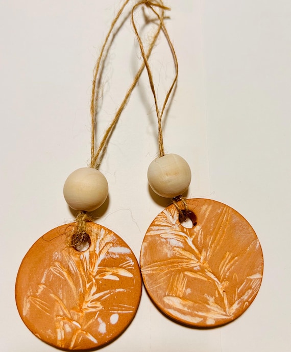 Handmade Botanical Clay Ornaments • Rustic Natural Gift Tag • Jute String & Wood Bead Accent