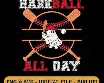 May include: A baseball-themed graphic with the words "BASEBALL ALL DAY" in white and red. A cartoon ghost wearing a baseball cap holds a bat. A baseball and two crossed bats complete the design on a black background.