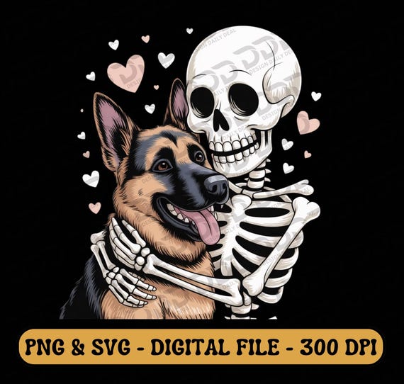 Skeleton and Dog Hug PNG SVG, German Shepherd Lover PNG, Skeleton
