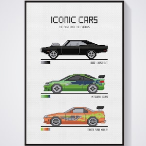 Korsstygnsmönster med ikoniska bilar från Fast and Furious (digital nedladdning)