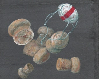 Champagne corks Painted underplate on a slate by Pierre Marcel