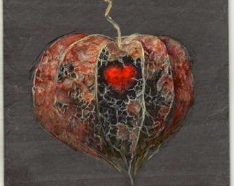 Physalis alkekengi Hand painted slate signed Pierre Marcel