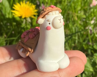 Cherry Blossom Llama Figurine: Handmade Polymer Clay Alpaca Desk Decor