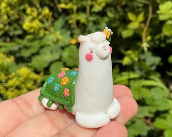 Butterfly Meadow Llama Figurine: Handmade Polymer Clay Animal Ornament