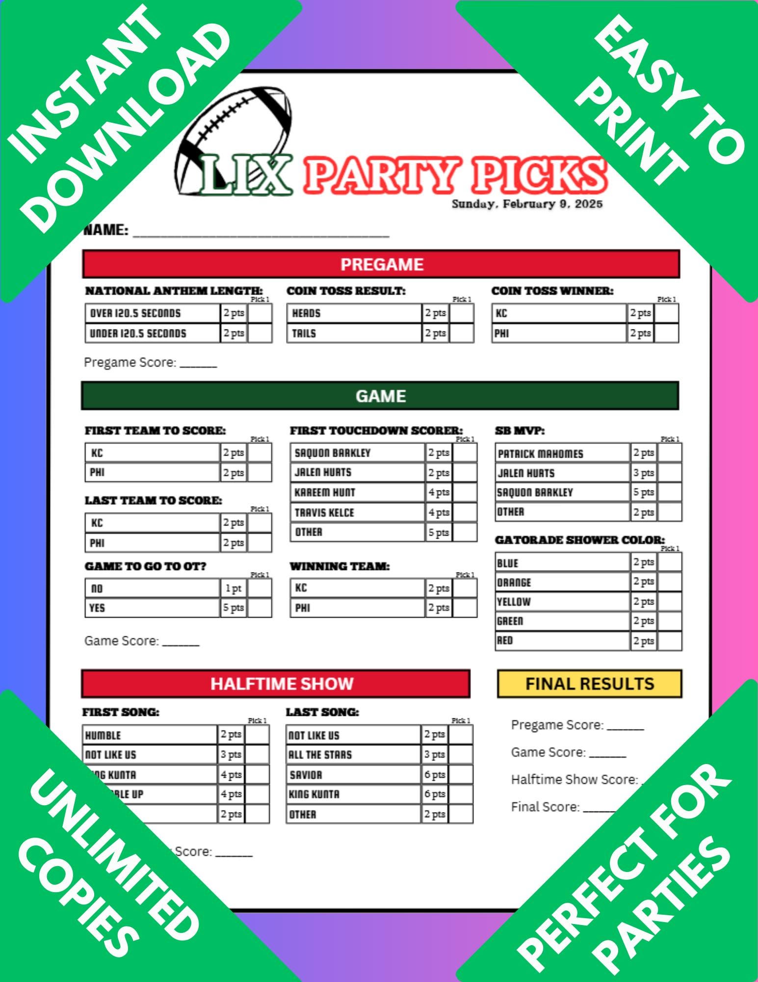 Super Bowl Party Prop Bet Sheet | Big Game Betting Pool | Fun Football ...