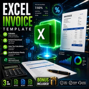 Peut inclure: Un modèle de facture Excel avec un design vert et blanc, avec le logo Excel. L'image comprend une calculatrice, des exemples de factures et des graphiques. Le texte comprend "Modifiable", "Téléchargement instantané" et "Calcul automatique des taxes".