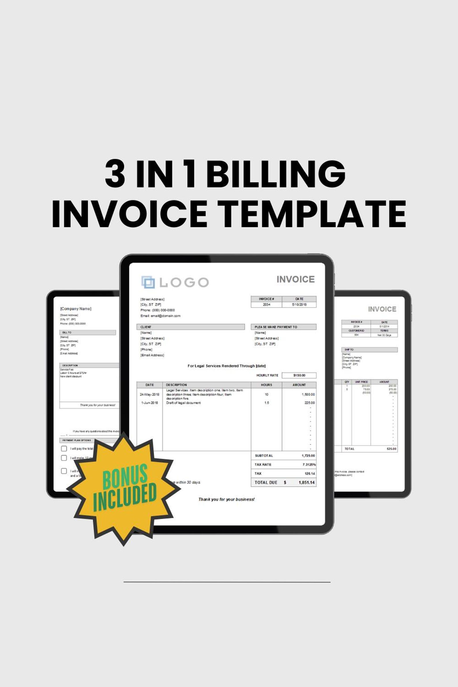 Billing Invoice Template - 3 in 1 | Editable File on MS Excel - Etsy