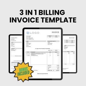以下が含まれることがあります： 3 in 1 請求書テンプレートが表示されたデジタルタブレット。テンプレートには、ロゴ、請求書番号、日付、顧客名、および提供されたサービスをリストするための表が含まれています。テンプレートには、支払い情報と合計金額のセクションも含まれています。