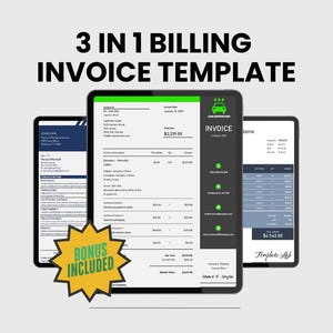 Op de afbeelding: Drie verschillende factuur sjablonen op een computerscherm. De sjablonen zijn voor autoreparatie, loodgieterswerk en algemene diensten. De sjablonen zijn in een zwart en groen kleurenschema met een bonus inbegrepen.